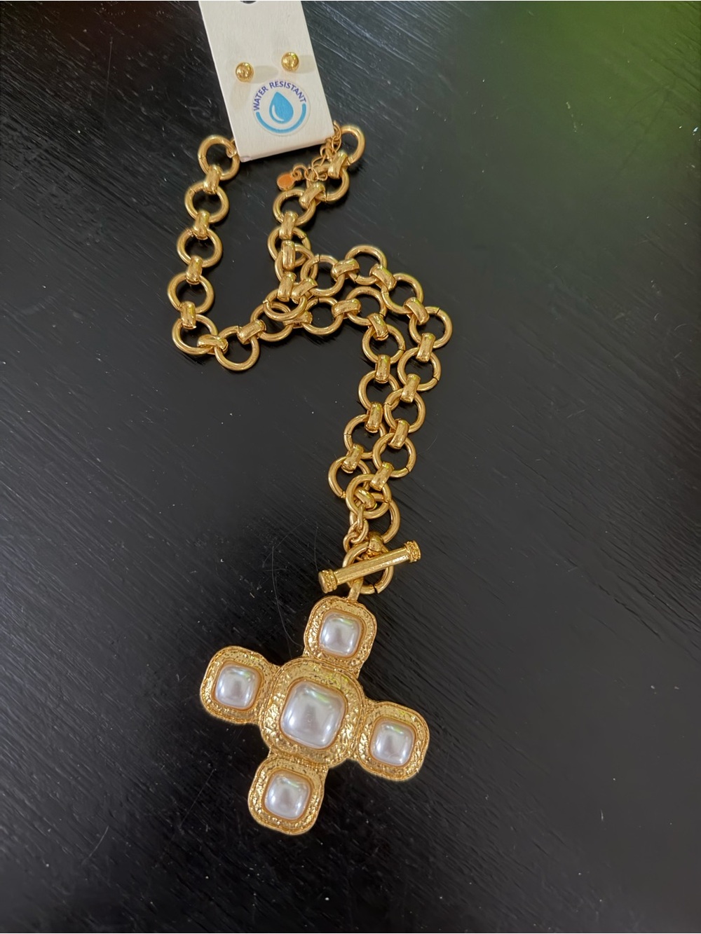 Gold-Tone Cross Pendant Necklace with faux pearl. NWT